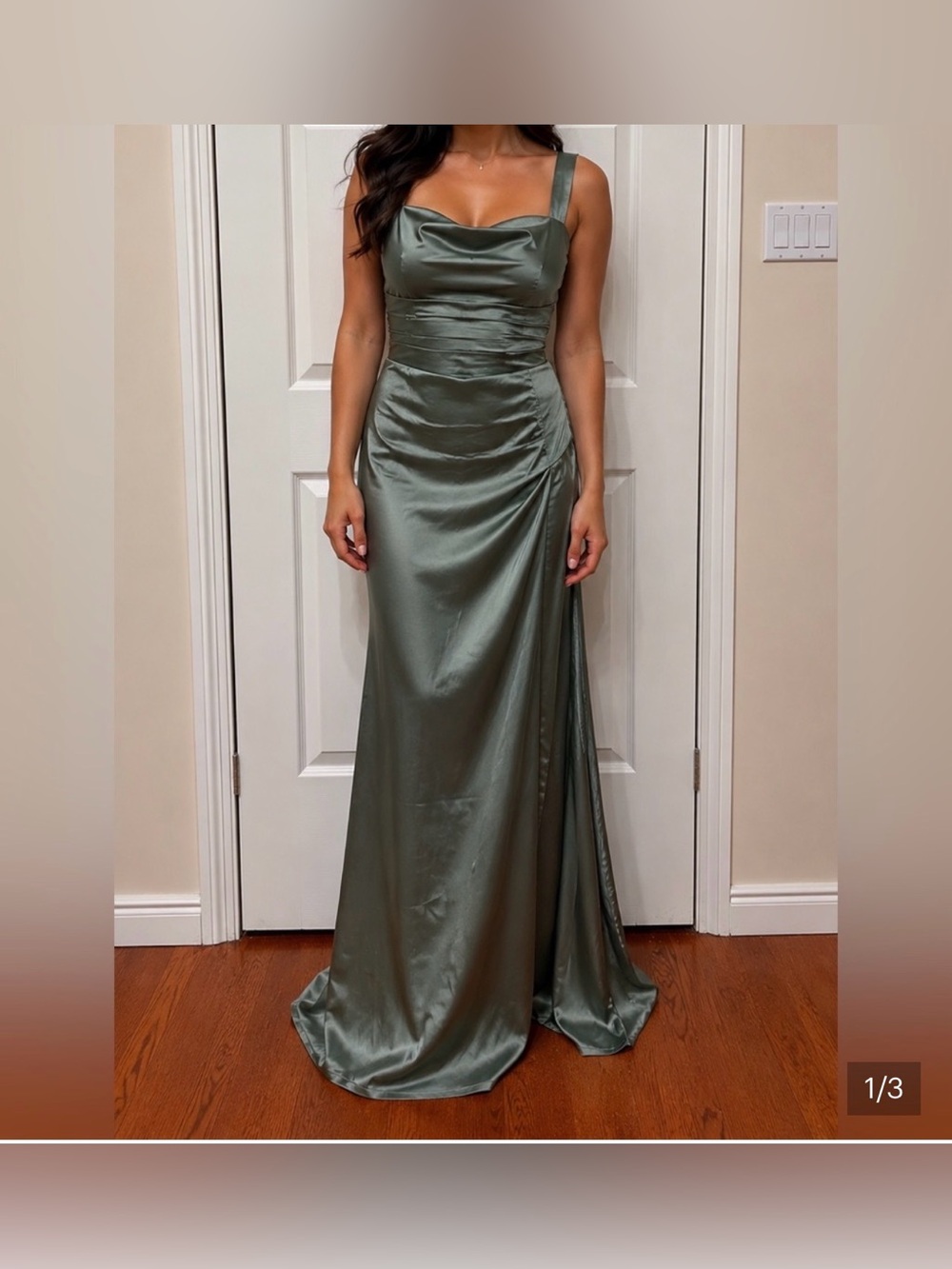 BHLDN Sage Green Satin Cowl Neck Gown